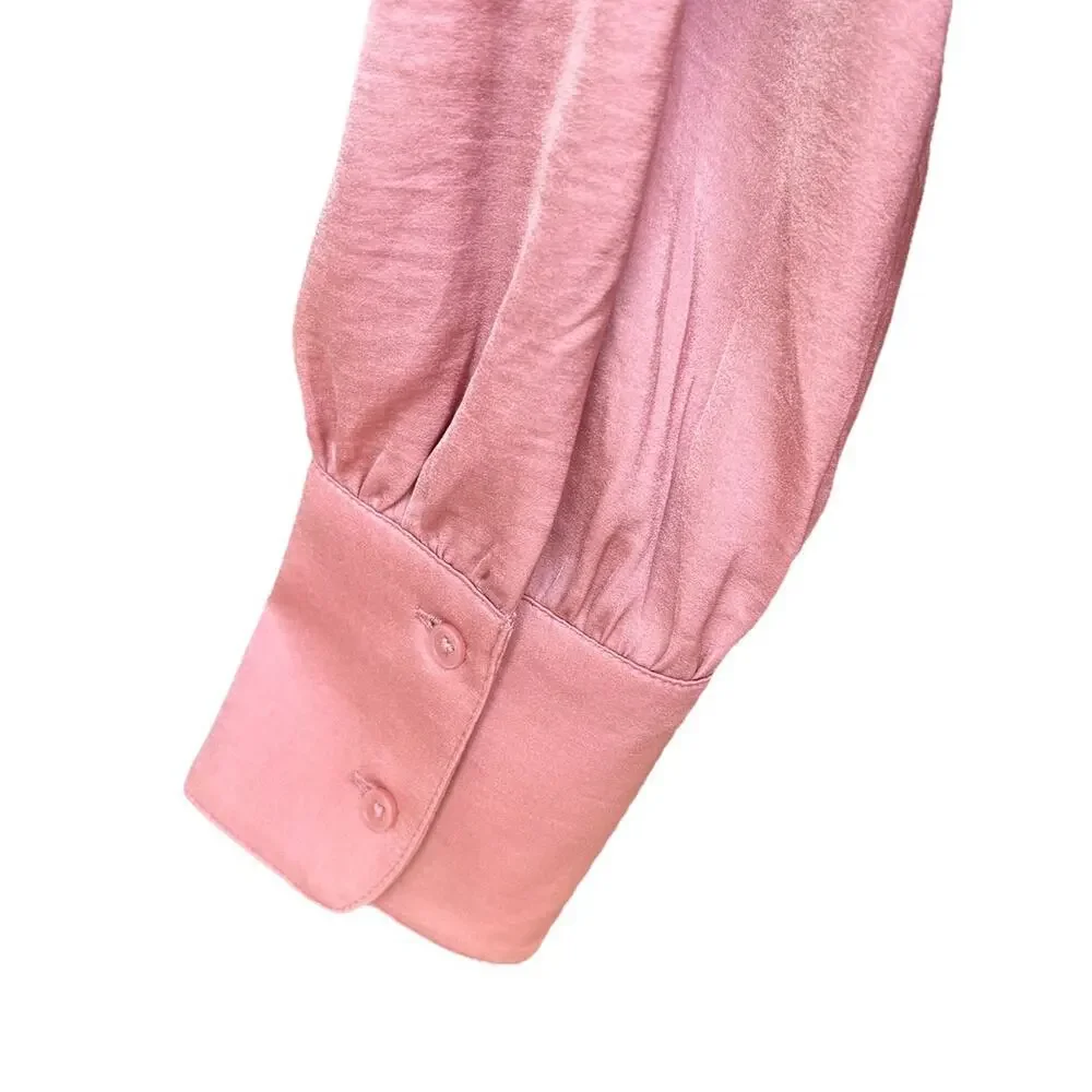 Banana Republic Pink Satin Blouse Size Med V-Neck Pleated Puff Long Sleeve Top